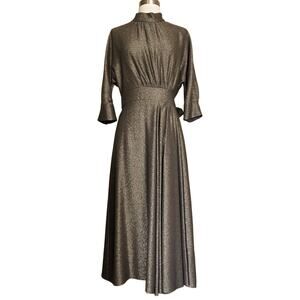 PRADA Lamé Silk Blend Dress in Gold Midi 3/4 Sleeves Runway Designer IT 44/ US 8